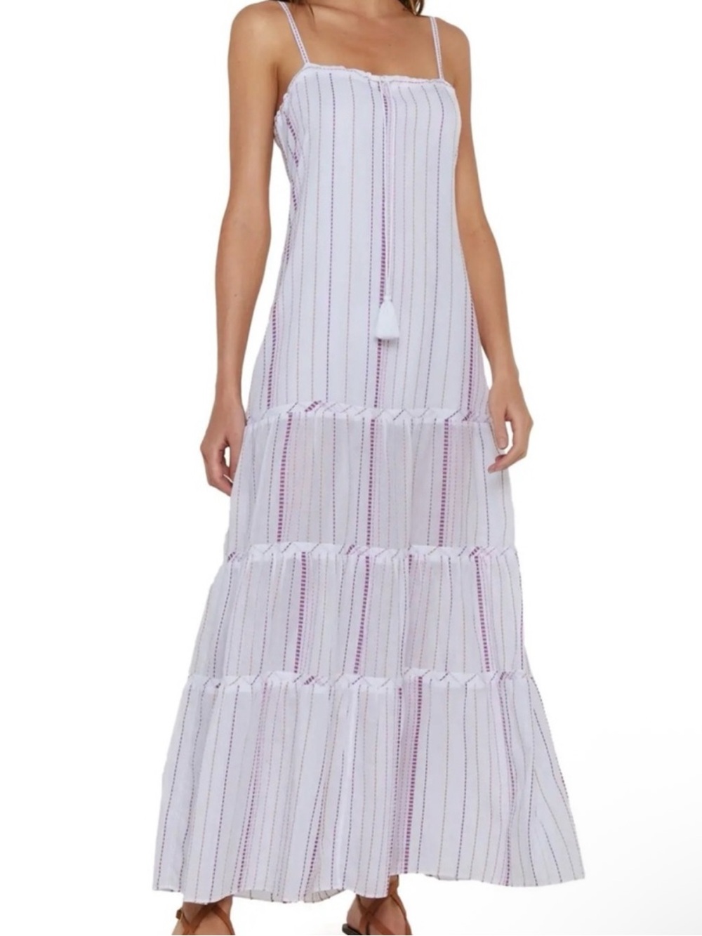 ViX Paula Hermanny Fran Striped Linen Tiered Maxi Dress Boho NWT S